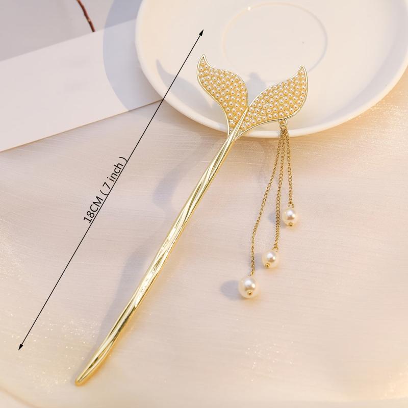 Fishtail Tassel Hair Pin Faux Pearl Rhinestone Golden Cheongsam Chignon Pins