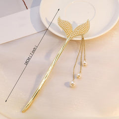 Fishtail Tassel Hair Pin Faux Pearl Rhinestone Golden Cheongsam Chignon Pins