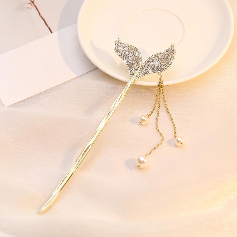 Fishtail Tassel Hair Pin Faux Pearl Rhinestone Golden Cheongsam Chignon Pins