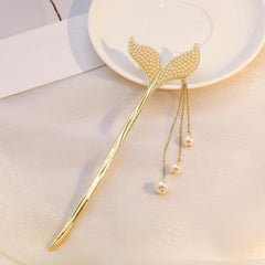 Fishtail Tassel Hair Pin Faux Pearl Rhinestone Golden Cheongsam Chignon Pins