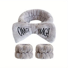 Bow Knot Hair Band Wrist Band Set Women's Face Wash Spa Flannel Hair Band