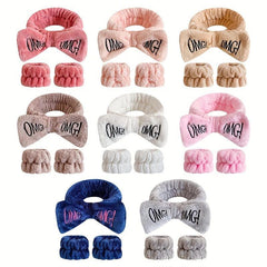 Bow Knot Hair Band Wrist Band Set Women's Face Wash Spa Flannel Hair Band