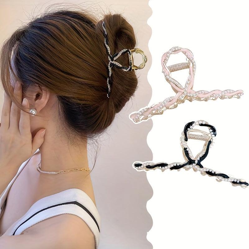 3pcs Faux Pearl Twisted Hair Claw Ponytail Holder Women Girls