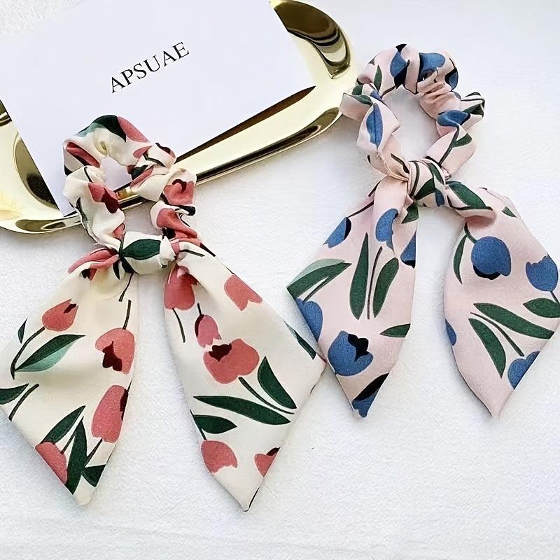 2pcs Boho Tulip Floral Print Hair Scarf Scrunchies Bow Hair Tie