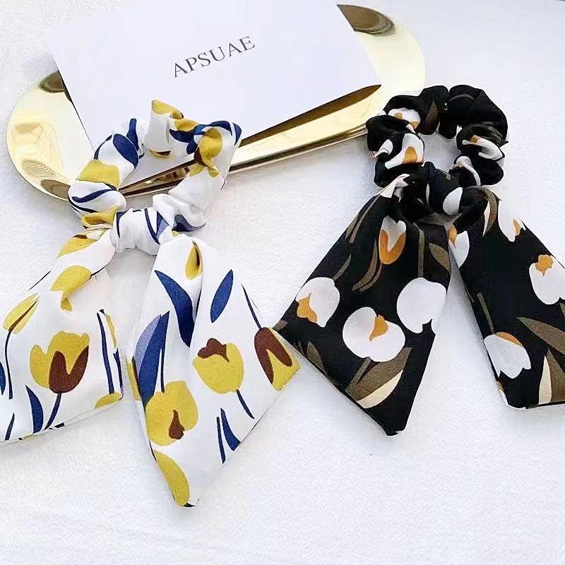 2pcs Boho Tulip Floral Print Hair Scarf Scrunchies Bow Hair Tie
