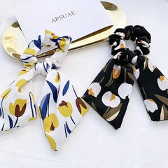2pcs Boho Tulip Floral Print Hair Scarf Scrunchies Bow Hair Tie