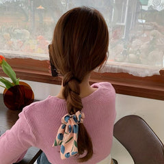 2pcs Boho Tulip Floral Print Hair Scarf Scrunchies Bow Hair Tie