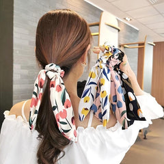 2pcs Boho Tulip Floral Print Hair Scarf Scrunchies Bow Hair Tie