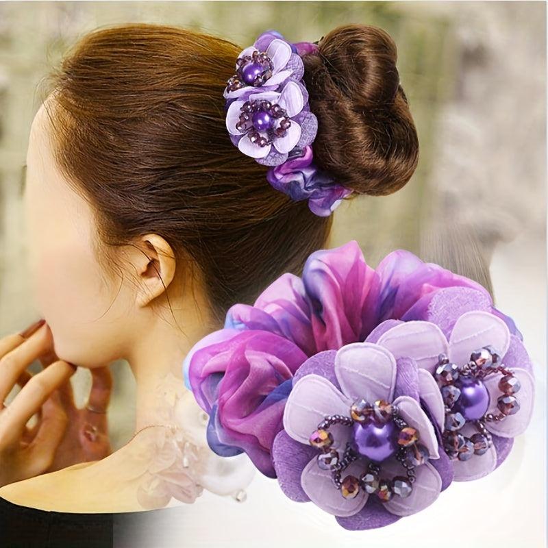 Boho Gradient Flower Scrunchies Hair Rope Faux Pearl Accessories