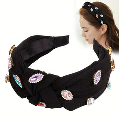 Rhinestone Decor Wide Head Hoop - Cross Knotted Headband