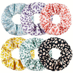 5pcs Leaf Pattern Chiffon Scrunchies Hair Tie Ponytail Holder for Women Girls