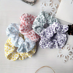 5pcs Leaf Pattern Chiffon Scrunchies Hair Tie Ponytail Holder for Women Girls