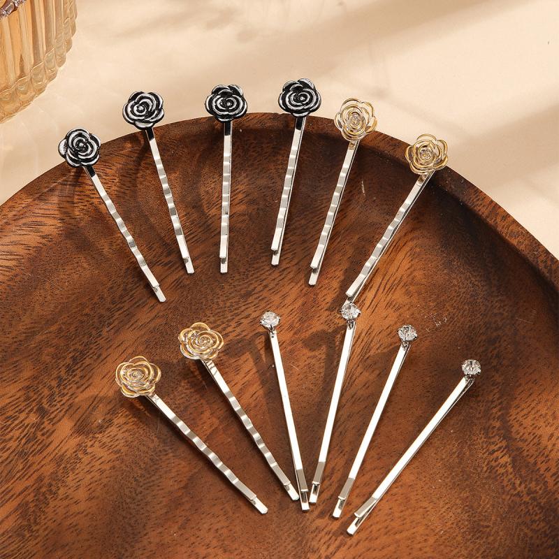 12pcs Rose & Rhinestone Decor Hair Clip Bobby Pin Non Slip Hair Accessory