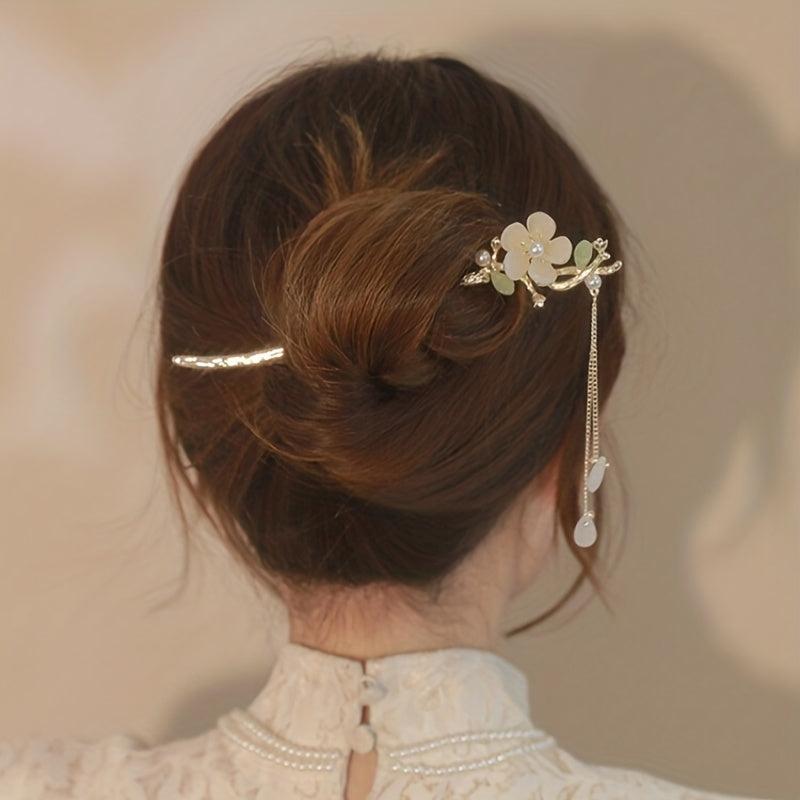 Orchid Flower Hair Pin With Tassel Hair Stick