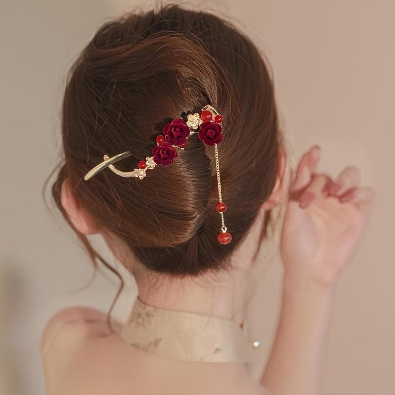 Red Plum Flower Hairpin Pearl Tassel Twist Clip Updo Clip