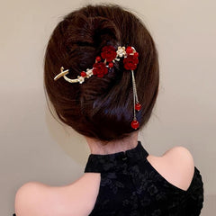 Red Plum Flower Hairpin Pearl Tassel Twist Clip Updo Clip