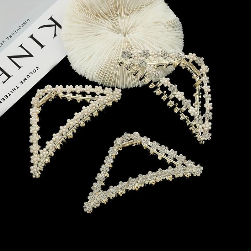 Triangle Shape Hair Claw Faux Pearl Rhinestone Ponytail Holder