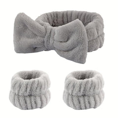 3pcs Plush Bow Knotted Headband Fluffy Hair Band For Skincare