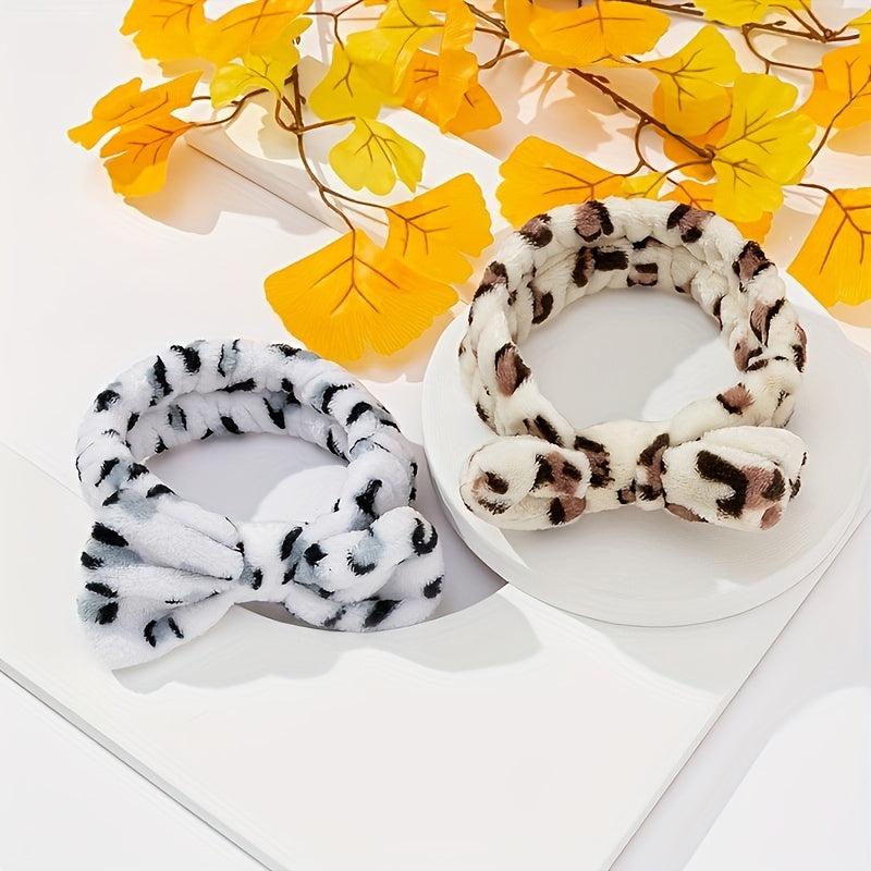 2pcs Plush Hair Band Bow Print Wide Brim Elastic Hair Hoop Women's