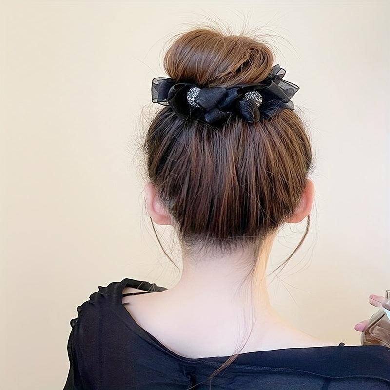 Ruffled Bow Decor Hair Claw Clip Large Duck Billed Clip Rhinestone Glitter Women