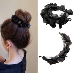 Ruffled Bow Decor Hair Claw Clip Large Duck Billed Clip Rhinestone Glitter Women