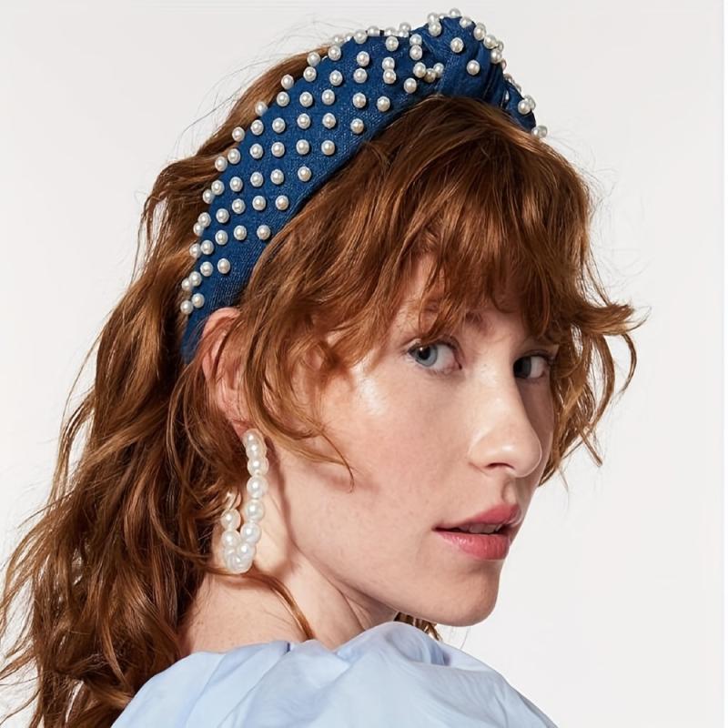 Baroque Style Faux Pearl Headband Denim Hair Band Women