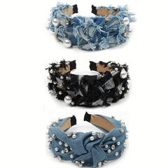 Baroque Style Faux Pearl Headband Denim Hair Band Women