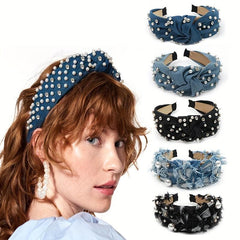 Baroque Style Faux Pearl Headband Denim Hair Band Women