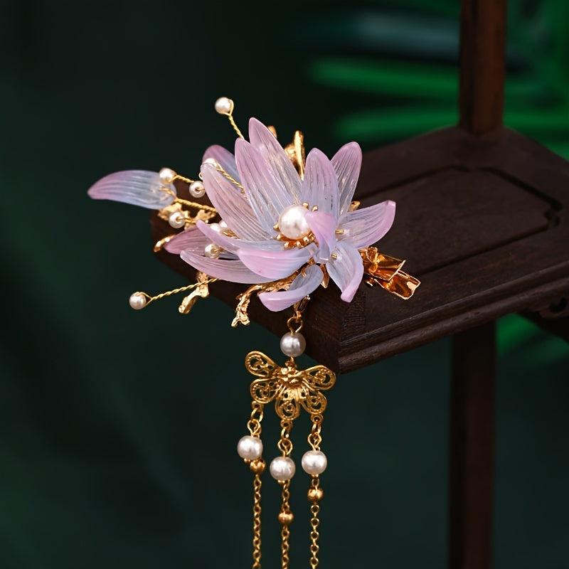 Vintage Flower Leaf Tassel Hairpin Barrette Chinese Style Hanfu Hair Accessory