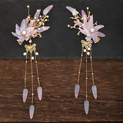 Vintage Flower Leaf Tassel Hairpin Barrette Chinese Style Hanfu Hair Accessory