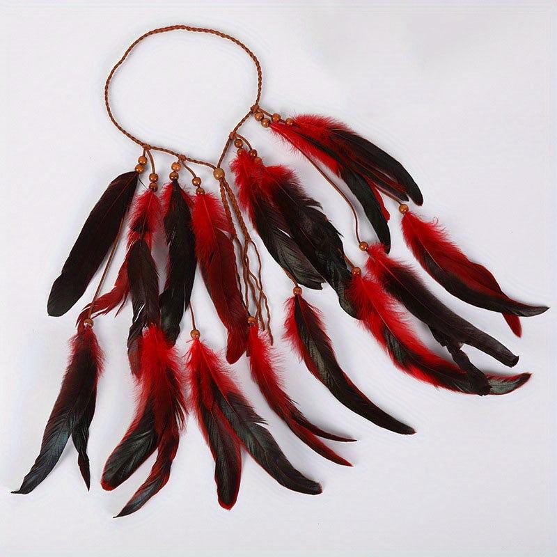 Boho Feather Hair Tie Rope Headband with Beads Tassel
