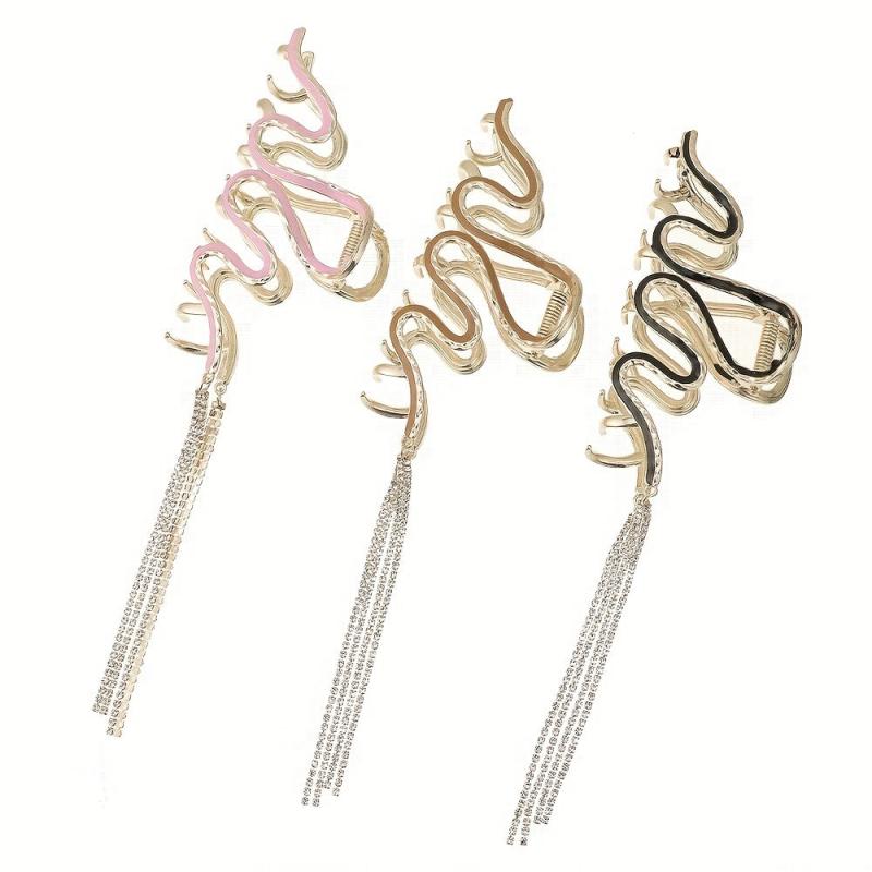 Wavy Hair Claw With Rhinestone Tassel Ponytail Holder