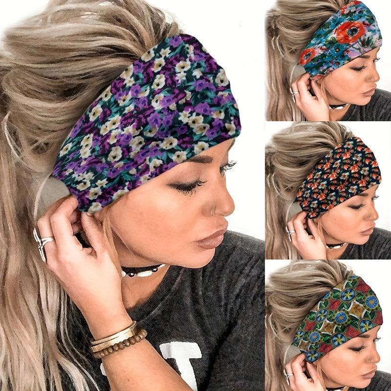 Pastoral Floral Print Headband Criss Cross Head Hoop Stretchy Hair Band