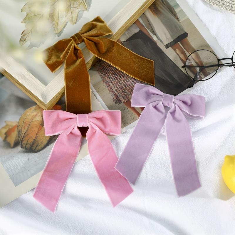 Velvet Solid Hair Bow Clip With Long Ribbon French Barrette