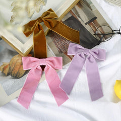 Velvet Solid Hair Bow Clip With Long Ribbon French Barrette