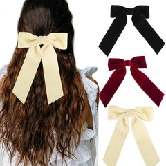 Velvet Solid Hair Bow Clip With Long Ribbon French Barrette