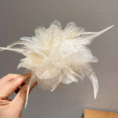 Large Mesh Flower Hair Claw with Faux Feather Decor Hair Claw Shark Claw