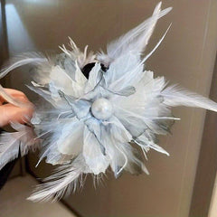 Large Mesh Flower Hair Claw with Faux Feather Decor Hair Claw Shark Claw