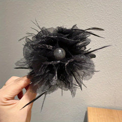 Large Mesh Flower Hair Claw with Faux Feather Decor Hair Claw Shark Claw