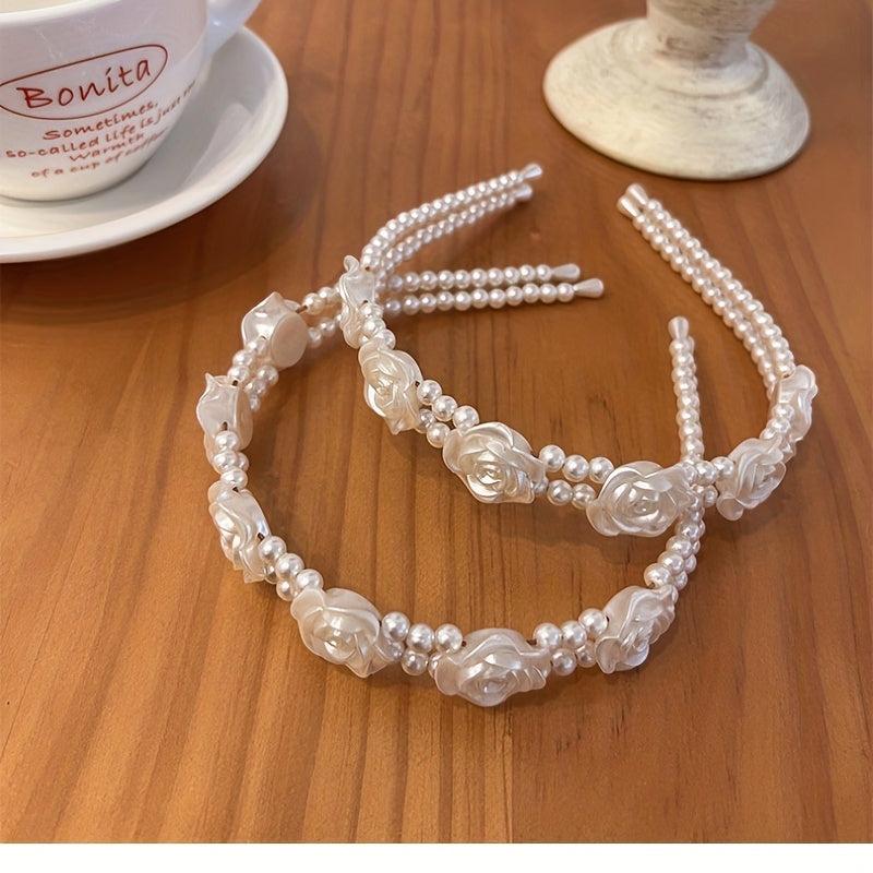 Faux Pearl Hair Band Resin Flower Headband Double Layered Headdress