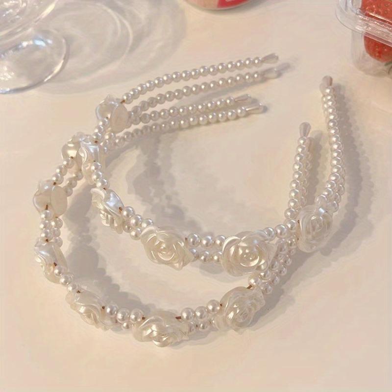 Faux Pearl Hair Band Resin Flower Headband Double Layered Headdress