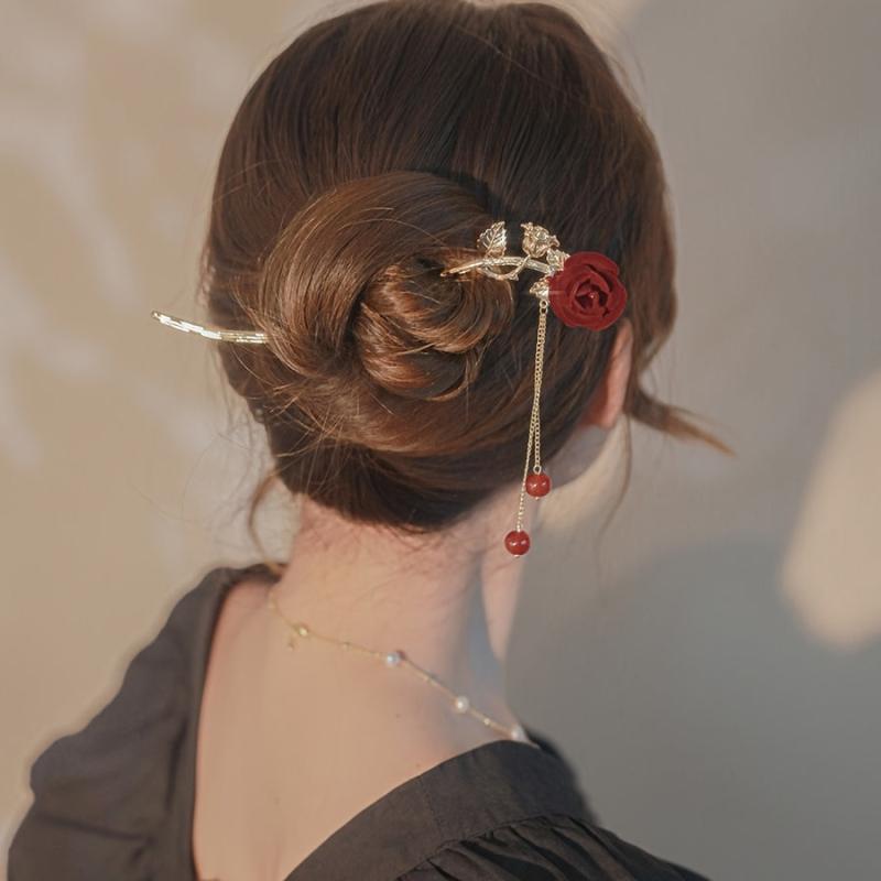 Rose & Tassel Hair Pin Bun Holder Bridal Wedding Headwear
