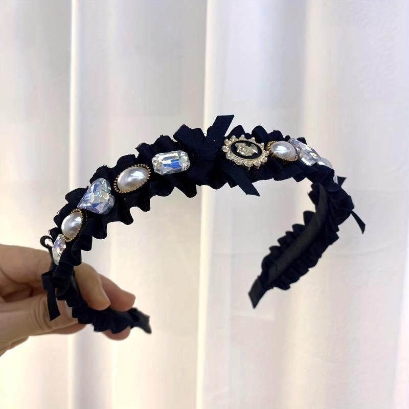 Vintage Faux Pearl Crystal Headband Crinkle Head Hoop Hair Accessories