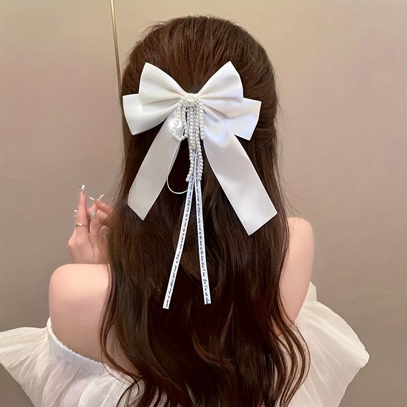 Vintage Ribbon Bow Hair Clip French Barrette With Tassel