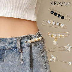 4pcs Faux Pearl Brooch Pins Sweater Shawl Jeans Clips Rhinestones Collar Safety