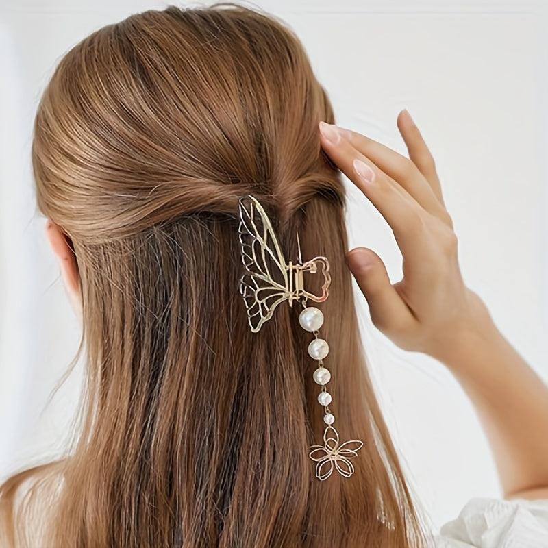 Butterfly Hair Claw Clip with Faux Pearl Tassel Hairgrip