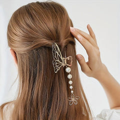 Butterfly Hair Claw Clip with Faux Pearl Tassel Hairgrip