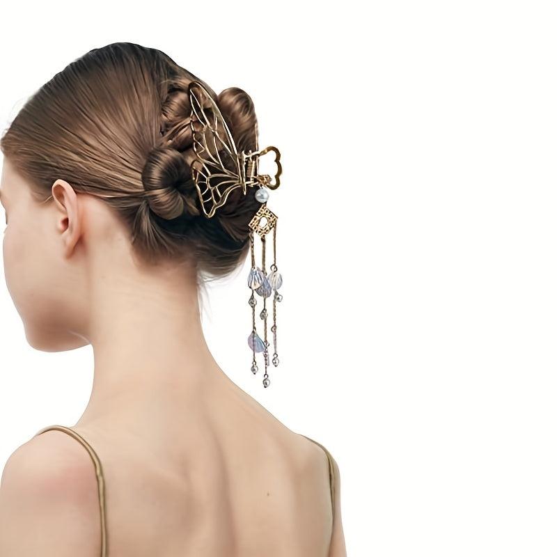 Butterfly Hair Claw Clip with Faux Pearl Tassel Hairgrip