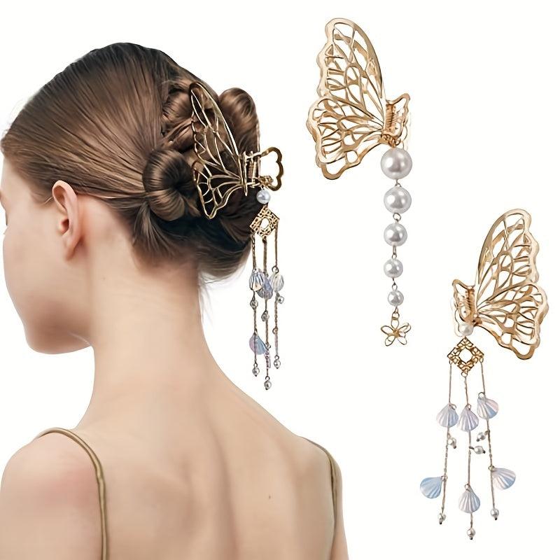 Butterfly Hair Claw Clip with Faux Pearl Tassel Hairgrip