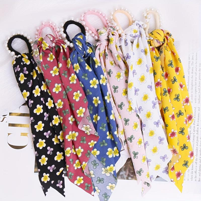 6pcs Long Streamer Hairband Flower Crackle Pastoral Hair Rope For Women Female